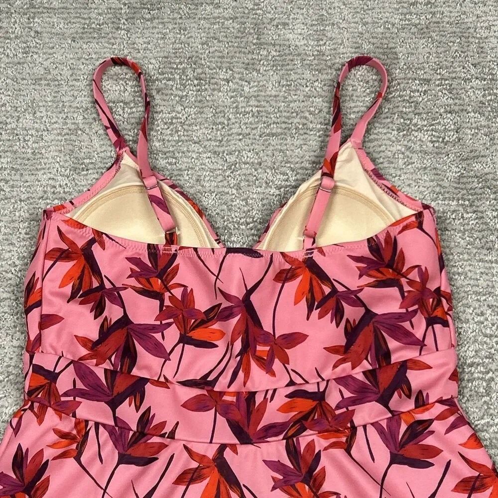 Garnet Hill 1 Piece Swimsuit Womens 10 Swimdress Pink Floral Skirt Resort Modest